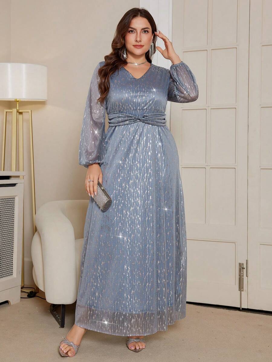 DEARCASE Plus Size Elegant Shiny Twist Pattern Long Sleeve Dress - Dark Blue - View 1