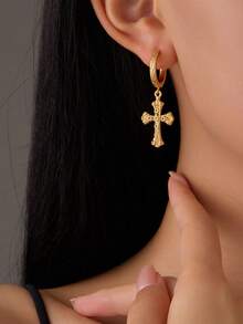 2pcs Zirconia Cross Light Luxury Retro Men And Women Couple Gold Pendant Earrings Fashion Daily Party Jewelry Accessories - Gold - View 2