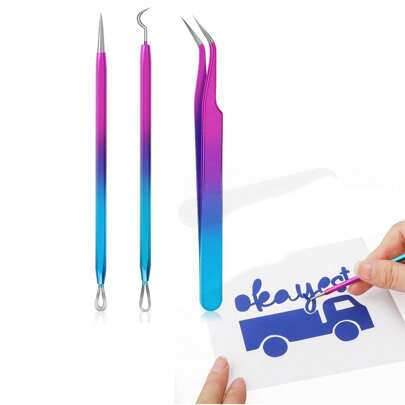 Set Of 3 Weeding Tools For Vinyl, Vinyl Weeding Tools For Permanent Vinyl/HTV Vinyl/Holographic Vinyl, Craft Vinyl Weeding Tools Kit With Hook And Pick With Tweezers