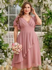 UNITHORSE 加大码涤纶深V领荷叶边袖胸围褶饰不对称褶皱连衣裙，连衣裙，亮片拼接设计雪纺伴娘礼服，伴娘礼服 - 藕粉色 - 查看 5