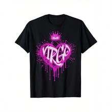 Virgo Airbrush Graffiti Heart Zodiac Astrology Design T-Shirt - 100% Cotton 180g, Black Crew Neck, Loose Fit, Short Sleeve, Men & Women, Casual Streetwear For Sports, Parties, And Everyday Comfort, Party Apparel | Hippie Style Tee | Durable Print - 黑色 - 查看 1