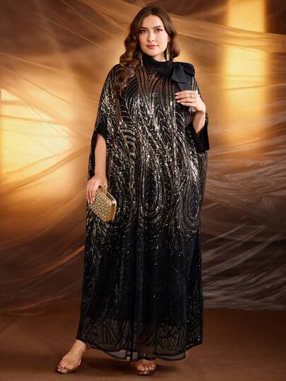 大码女式全罩式珠绣优雅系带长袍，奢华装饰