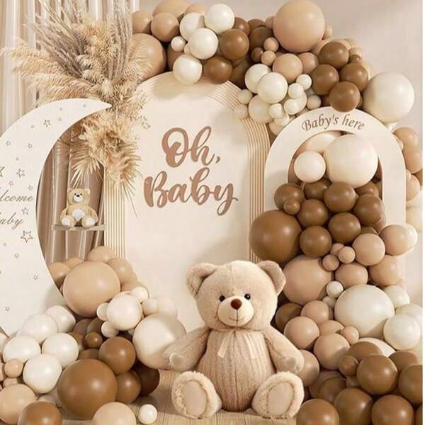 Set de 140 piezas para crear un arco con guirnalda de globos en colores neutros, que incluye globos de 5, 10, 12 y 18 pulgadas en tonos marrón, beige, desnudo y tostado para decoración de fiesta de cumpleaños, baby shower con oso neutro
