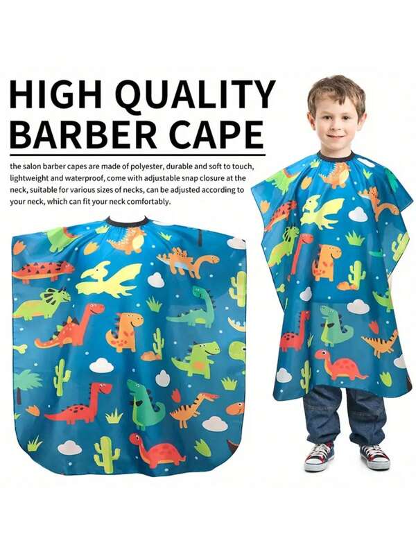 Capa de corte de pelo para niños con patrón de dinosaurio divertido, cierre ajustable a presión, capa de salón impermeable y ligera para niños, delantal de peluquería con material de tacto suave