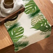 1 件绿叶和棕榈叶印花桌旗，适合节日、派对、生日、晚宴、厨房和餐桌装饰、四季家居和客厅纺织品装饰