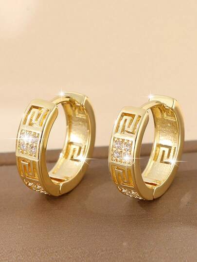 2pcs Geometric Spiral Elegant Fashion Copper Micro-Inlaid Zirconia Unisex Hoop Earrings, Gold Color, Suitable For Daily Wear