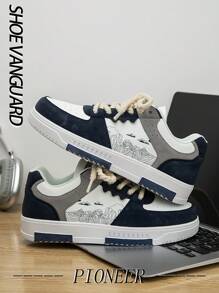 Men's Fashion Contrast Color Patchwork Random Printed Low-Top Skateboard Shoes, Romantic Campus Style Outdoor Walking Casual Sneakers