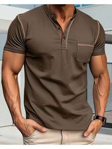Men's Summer Henley Fitted Soft Stylish Contrast Color Button Down Crew Neck Short Sleeve Casual T-Shirt Tops - Army Green - View 2