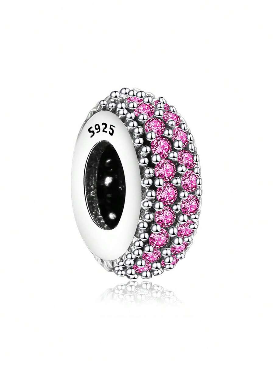 1pc Minimalist 925 Sterling Silver Zirconia Stone Round Spacer Bead, Unisex For Party And Daily Wear - Rose Red - View 1