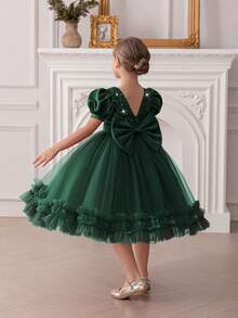 Young Girl Green Sequin Bow Puff Sleeve Mesh Tulle Party Dress, Elegant Princess Dress Suitable For Girls Birthday Party, Wedding Flower Girl, School Performance, Prom, Holiday Celebration - Dark Green - View 3