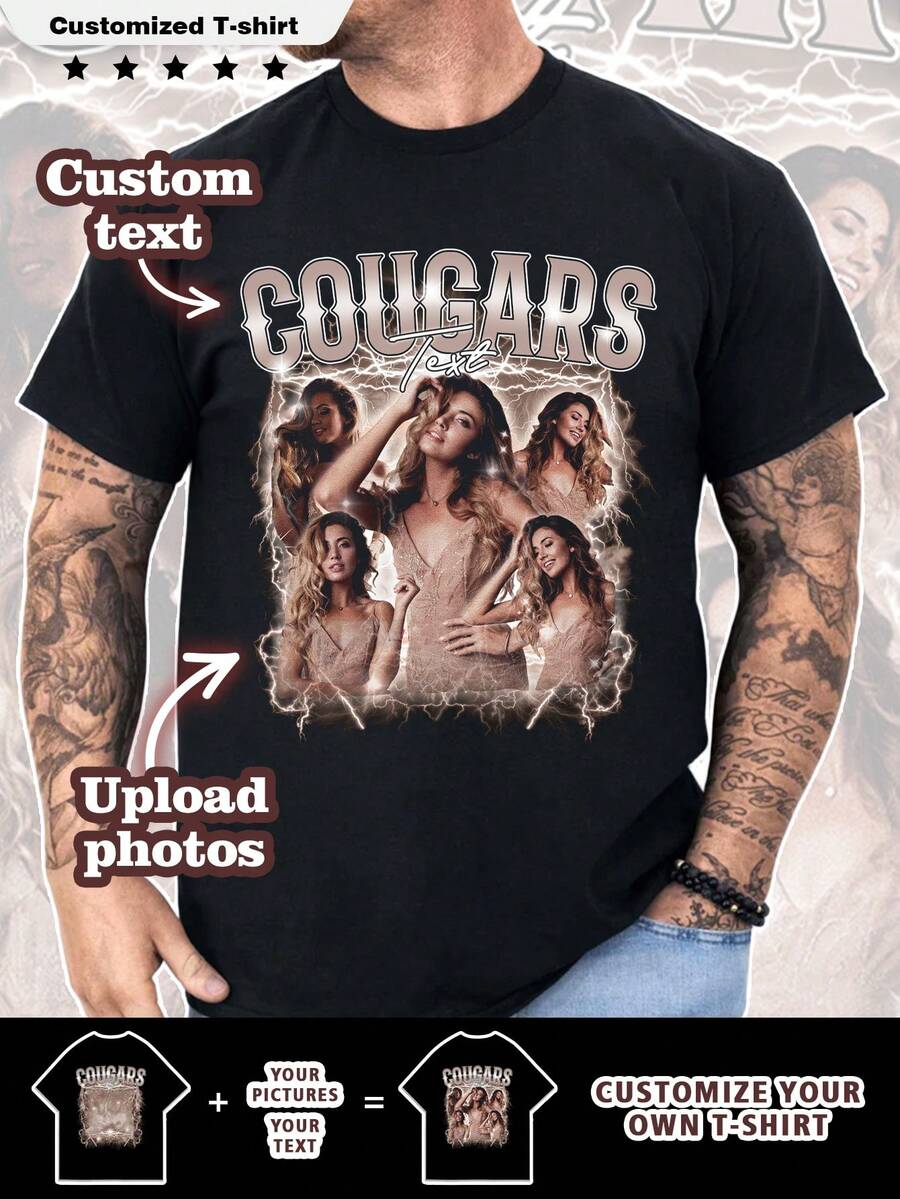 T-shirt photo personnalisé "Y2K" pour hommes, personnalisez votre texte et votre photo, personnalisez votre nom, personnalisez votre selfie/bébé/ami/idole/couple/famille/fête/école/sport/animal de compagnie. Impression photo, logo/entreprise/événement d'entreprise, uniforme, cadeau d'anniversaire, chic de bureau quotidien, premium - Noir - Voir 1