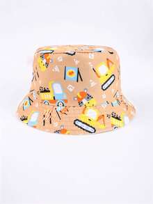1 pieza Gorro de cubo reversible para niños con estampado de excavadora, adecuado para niños y niñas, para uso diario y protección solar - Beis - Ver 5