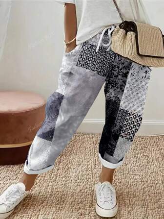Pantalon Femme Grande Taille à Imprimé et à Cordon de Serrage