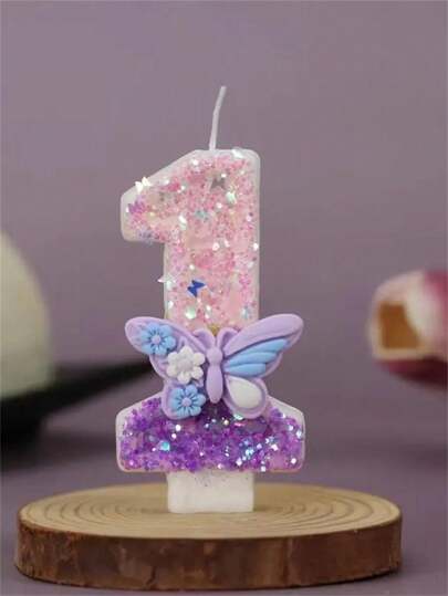 1pc Elegant Butterfly Numeral Birthday Candle 0-9, Glittering Cake Topper Decor For Wedding, Anniversary, Baby Shower, Bridal Shower, Birthday, Housewarming Party - Wax Cake Decorations
