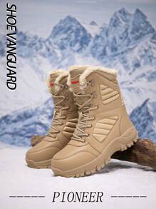 Men's Solid Color Faux Leather Spliced Thick Warm Anti-Slip Snow Boots, Outdoor Versatile Couples Big Size Snow Sports Shoes,
