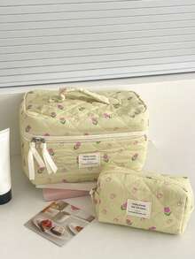 1Pc/Set Cartoon Rose Print Quilted Makeup Bag Floral Makeup Bag Cosmetic Bag Cute Makeup Bags Large Capacity Multi-Functional Cosmetic Organizer Portable Cosmetics Brush Storage Clutch With Zipper Closure For Cosmetics,Skin Care,Hand Cream,Jewelry,Sanitary Napkin,Coin,Keys,Samll Items For Home,Travel,Vacation And School Use Make Up Bag Wedding Bridesmaid Gift Mom Gift Birthday Gift Gift For Friends,Teacher Travel Essentials Commute Essentials - Yellow - View 9