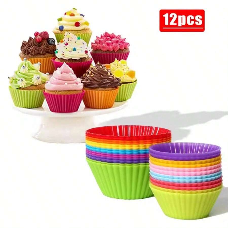 12 Khuôn bánh cupcake muffin silicon hình tròn, khuôn bánh pudding, khuôn bánh hấp (Màu ngẫu nhiên) - nhiều màu - Xem 1