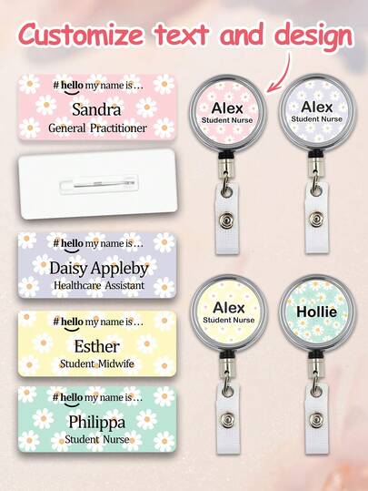 Custom Name Badge Reel Holder Retractable With ID Clip For Nurse Nursing Name Tag Card, Brooch And Collar Clip, Nursing Student Teacher Doctor Medical Assistant Work Office Alligator Clip, Flower Design, Dopamine Color Matching, Engraved, Stainless, Adorable, Funny, Kawaii, For Teacher, For Boys And Girls, For Teenagers, Junior High School Students, Middle School Students,For Office,For School,For Classroom,For Teacher Gifts,For University,For Colleague,For Dorm Rooms
