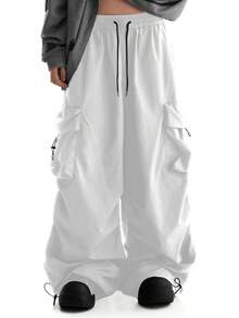 Men's Casual Multi-Pocket Straight Leg Cargo Pants, Drawstring Adjustable Waist And Hem, Oversized Loose Fit Wide Leg Trousers - White - View 1