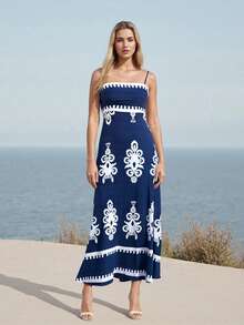 Women's Long Cami Dress Retro Print Sleeveless Spaghetti Strap Flowy A Line Dress With Pockets - Blue - View 1