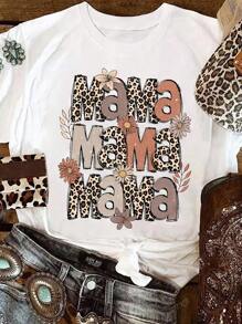 Leopard MAMA Flower Print Women's Solid Color Oversize Round Neck Short Sleeve Simple Tops Daily Casual Summer Modest Tops Casual Women T-Shirt Summer Shirts