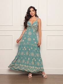 Women's Long Dress In Dune Fabric Print - 薄荷綠 - 查看 1