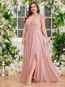 UNITHORSE UNITHORSE Plus Size Deep V-Neck Strapless Gown With Pleated Waist Side Slit And Large Dress Elegant Women's Dress, Evening Dress,Bridesmaid Dress
