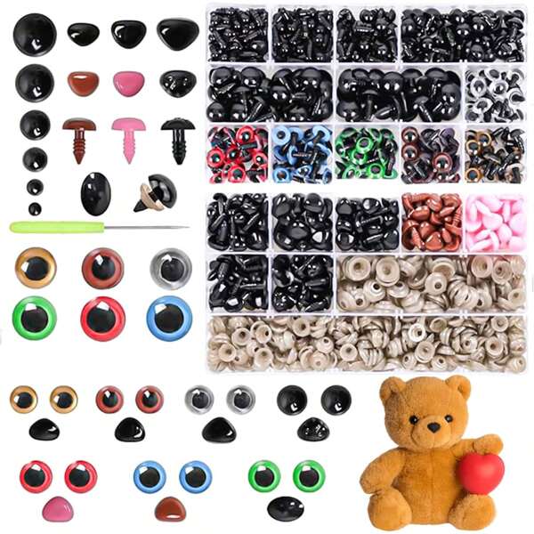 915pcs Safety Eyes And Noses With Washers Craft Doll Eyes And Teddy Bear Nose Accessories Plastic Safety Eyes Amigurumi For DIY Funny Eyes Animal Bear Crafts(Assorted Sizes,Gasket Color Random)