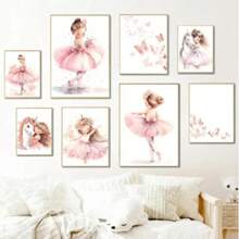 1/6PCS Optional Frame Posters Wall Arts Modern Pink Ballerina Girl Unicorn Butterfly Poster Kids Room Decorative Posters Wall Bedroom Decor ,Wall Art With Frame