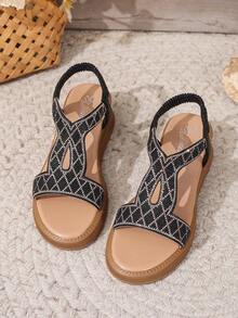Women's Fashion Summer Thick-Sole Wedge Rhinestone Open Toe Roman Sandals - Black - View 4