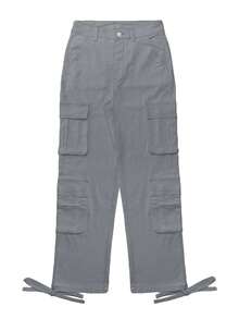 Cargo Women Pants Stretch Multi-Pocket Casual Y2K Style Black Baggy Pants - Màu Xám nhạt - Xem 4