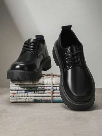 Men's Autumn Low-Top Casual Black Leather Shoes, Versatile Comfortable Soft Sole Lace-Up Oxfords, Fashionable British Style Four-Season