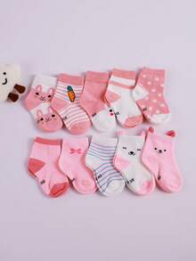 5pcs/10pcs Pink Children Socks, Suitable For Toddlers & Kids Everyday Wear, Spring/Summer - Multicolor - View 5