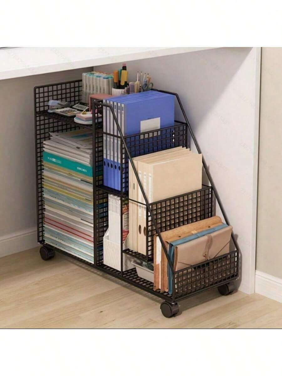 Portable Rolling Bookshelf Under Desk, Easy To Assemble Iron Locker Stroller, Home Office Container, Fashion Painted Surface, Space-Saving Design