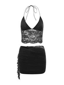 Women's Y2K 2 Piece Outfits Lace Skirt Set Sheer Lace Floral Spaghetti Strap Halter Cami Tank Tops Backless Sleeveless Camisole Crop Top And Ruched Mini Skirt Set Aesthetic Clothes Party Club Streetwear - 黑色 - 查看 4