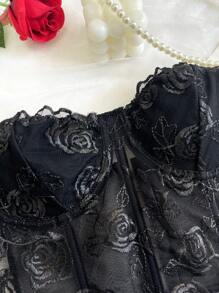 1pc Black Lace Rose & Mesh Padded Underwire Embroidered Floral Sheer Bodycon Bustier Top