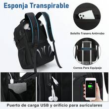 Mochilas para Hombre con Lonchera Mochila para Laptop 16 17.3 Pulgadas Mochila de Viaje con Carga USb Mochila Negra de Trabajo Mochilas Lonchera Impermeable - Negro - Ver 6