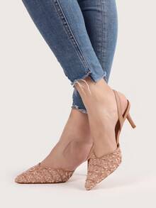 Tacones altos de color liso y prácticos con decoración de brillo para mujer - Caqui - Ver 3
