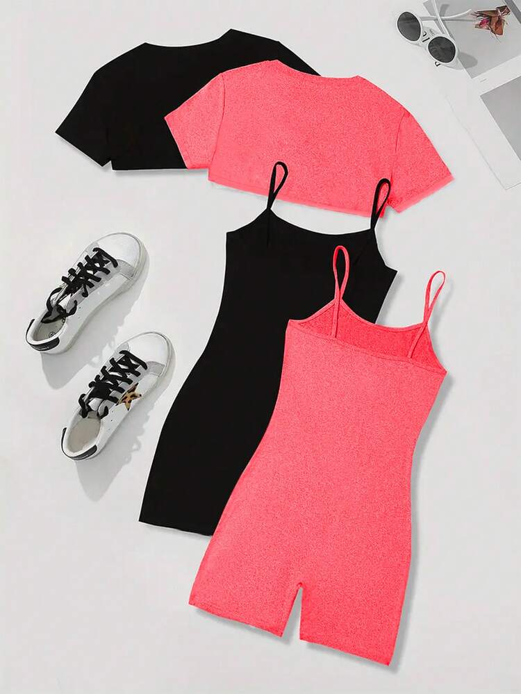 UREREM 2件套休闲短裤套装 - 圆领短T恤和简约工装裤，夏季女装，180G针织套装，休闲西装 - 彩色 - 查看 2