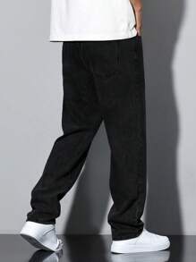 Cotton Straight Leg Washed Jeans With Slanted Pockets, Versatile Wide-Leg Washed Jeans, Loose Straight Fit Couples Style
