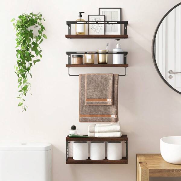 3+1 Tier Wall Mounted Bathroom Shelves Over Toilet, Rustic Wood Floating Shelves With Metal Frame And Towel Bar For Bathroom, Kitchen, Bedroom, Living Room