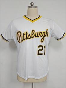 Men's #21 White & Black Pittsburgh Embroidered Baseball Jersey, Loose V-Neck Short Sleeve Vintage Pullover Sportwear Suitable For Street Hiphop, Baseball, Golf Training - White - View 2