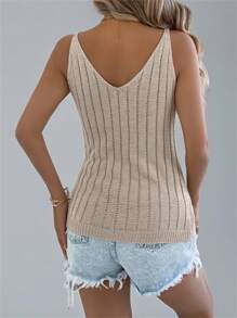 Women V-Neck Hollow Out Solid Knit Tank Top Vest Sweater, Summer Beach Holiday - Khaki - View 2