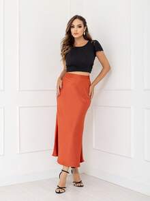 Elegant Long Skirt Women's Fashion Satin Skirt With Side Zipper Code167 - 紅陶 - 查看 3