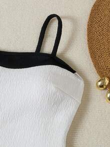 1 件黑白拼色休闲优雅性感波西米亚针织连体泳衣，适合海滩、度假、春夏季