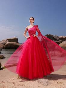 DELLA COUTURE Damen rotes Mesh Abendkleid, handgefertigte bestickete Applikation mit Perlen, ein-schultriges, einzelnes Ärmel, exquisite modische Sommer trägerlose Ballkleid, elegantes, schlankes, prachtvoll bodenlanges Kleid, passend für Partys, Prom, Hochzeiten und andere formelle Anlässe, Hochzeitsgast Kleid, langes Cocktailkleid mit großer Schwingung, Partykleid - Rosenrot - Übersicht 2