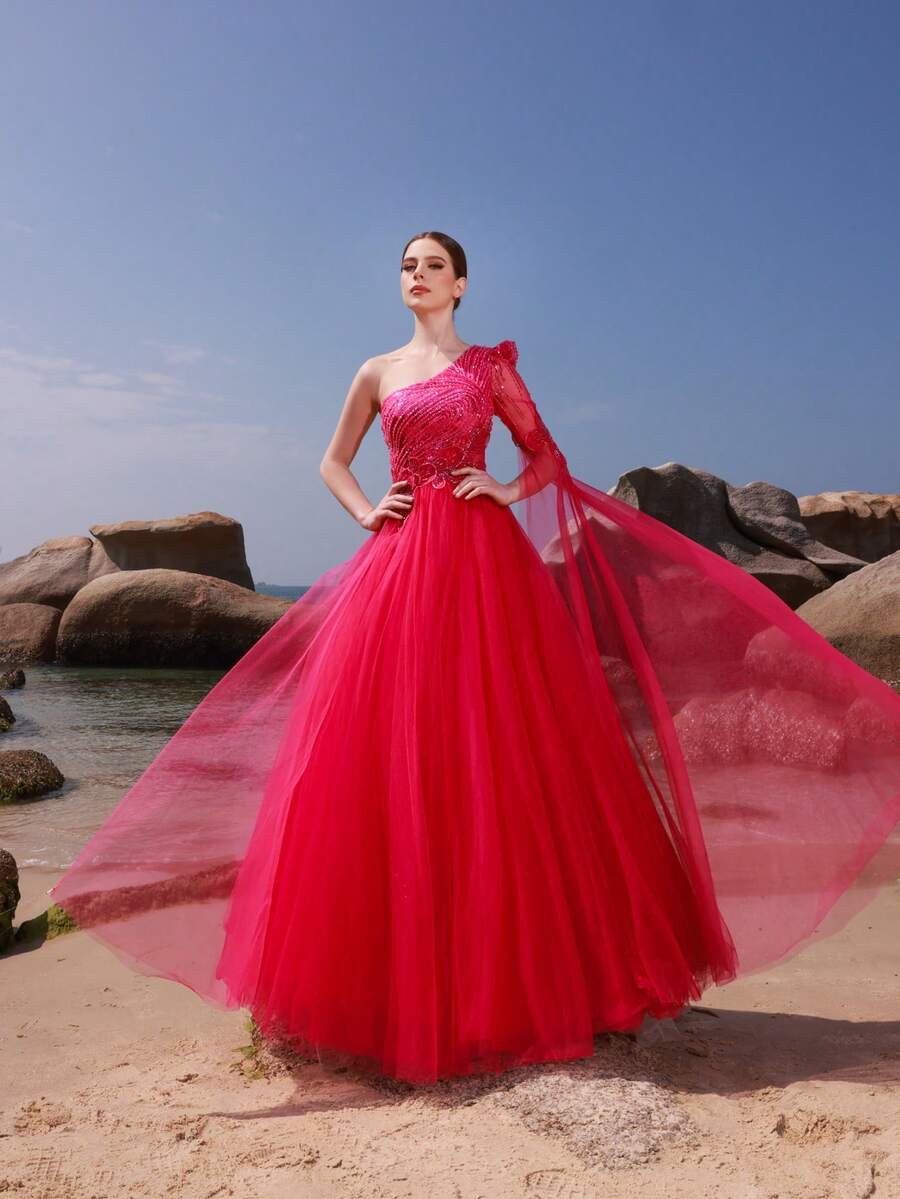 DELLA COUTURE Damen rotes Mesh Abendkleid, handgefertigte bestickete Applikation mit Perlen, ein-schultriges, einzelnes Ärmel, exquisite modische Sommer trägerlose Ballkleid, elegantes, schlankes, prachtvoll bodenlanges Kleid, passend für Partys, Prom, Hochzeiten und andere formelle Anlässe, Hochzeitsgast Kleid, langes Cocktailkleid mit großer Schwingung, Partykleid
