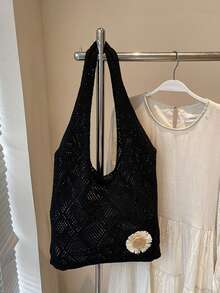 Yogodlns 网眼沙滩包花朵针织夏季流浪包镂空针织单肩包度假波西米亚风手提包女士旅行度假钩针手提包花朵沙滩包美学针织夏季流浪包镂空度假波西米亚风手提包女士旅行 - 黑色 - 查看 3