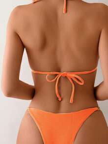 New Sexy Ribbed Strap Chained Split Bikini Swimsuit For Women - Burnt Orange - View 3