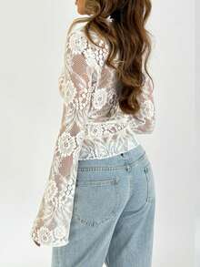 Women Y2K Lace Long Sleeve Tops Casual Sheer Basic Tie Front Shirt Blouses For Club Streetwear Aesthetic Clothes - 白色 - 查看 4